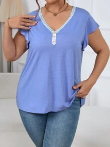 SHEIN LUNE Plus Contrast Lace Butterfly Sleeve Button Detail Tee - Blue - View 4