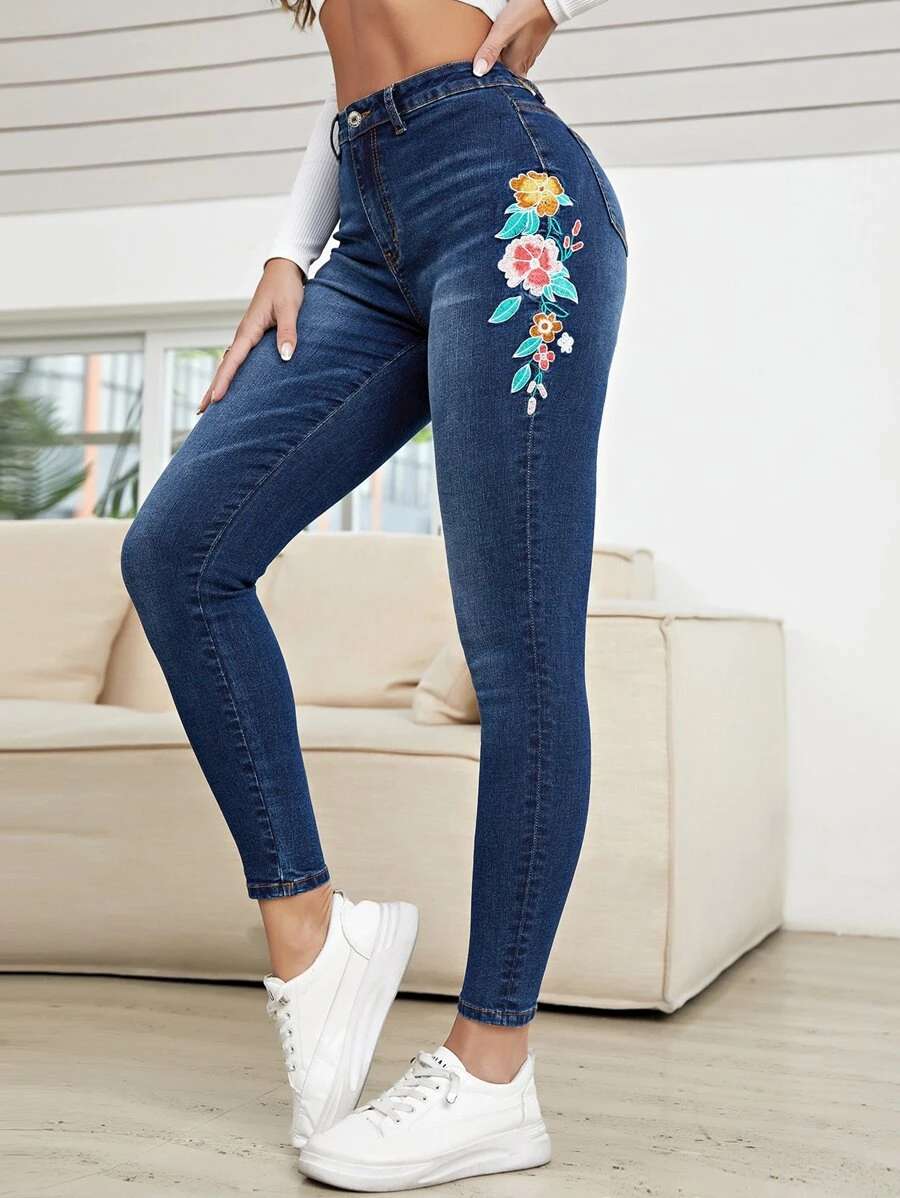 Floral Embroidery Skinny Jeans - Dark Wash - View 1