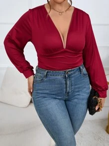 Calvaya Body de cuello profundo fruncido de manga farol - Burdeos - Ver 2