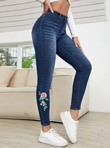 Floral Embroidery Skinny Jeans - Dark Wash - View 6