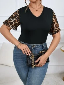 Calvaya Plus Leopard Print Sleeve Bodysuit - Black - View 3