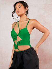 SHEIN BAE Cut Out Front Cami Bodysuit - Green - View 5