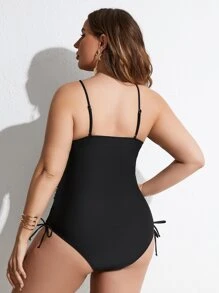 SHEIN Swim Curve 大碼貝殼邊十字交叉側繫帶連體泳衣 - 黑色 - 查看 2
