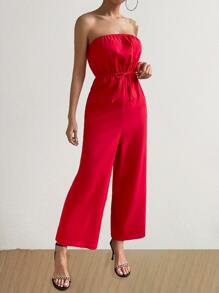 Allurite Solid Split Hem Belted Tube Jumpsuit - Red - View 3