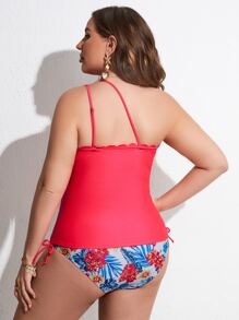 SHEIN Swim Curve Tropenmuster, Tankini Set Top mit einer Schulter frei, Bogenkante & schwimmen Tankini Unterseite 2 Stücke Bikini - Wassermelonenrosa - Übersicht 2