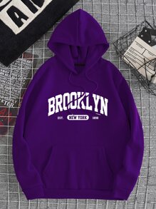 Men Letter Graphic Kangaroo Pocket Drawstring Thermal Hoodie - Purple - View 1