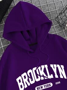 Men Letter Graphic Kangaroo Pocket Drawstring Thermal Hoodie - Purple - View 3