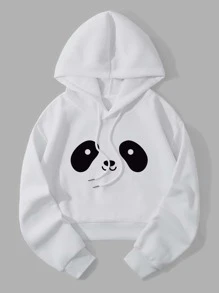 INAWLY Panda Print Thermal Lined Drawstring Crop Hoodie,Long Sleeve Tops Graduation,Back To School Outfits,Graduation,Teacher Outfits For Women,Back To School Pullover Fall Outfit - White - View 1