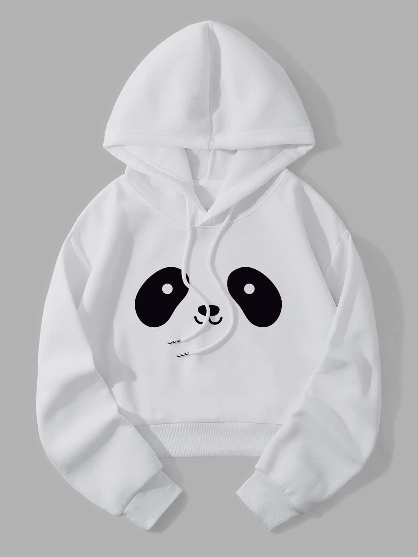 INAWLY Panda Print Thermal Lined Drawstring Crop Hoodie,Long Sleeve Tops Graduation,Back To School Outfits,Graduation,Teacher Outfits For Women,Back To School Pullover Fall Outfit - White - View 1