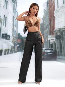 SHEIN Essnce 女士纯色口袋 PU 皮革直筒宽松时尚长裤 - 黑色 - 查看 3