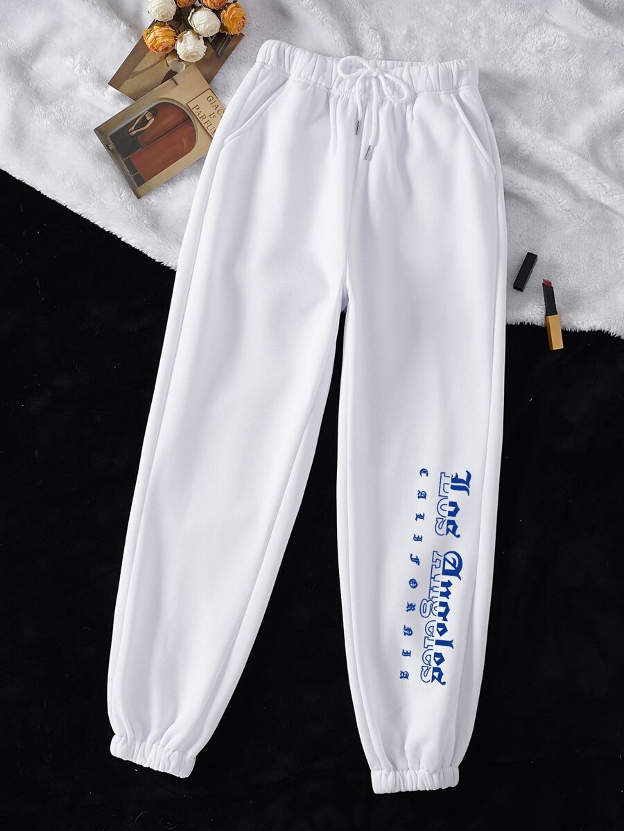 SHEIN EZwear 字母圖案腰部抽繩衛褲 - 白色 - 查看 1