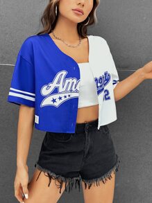 Muchica 女士字母条纹短袖单排扣休闲露脐衬衫 - 藍白色 - 查看 7