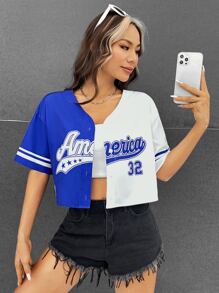 Muchica 女士字母条纹短袖单排扣休闲露脐衬衫 - 藍白色 - 查看 5