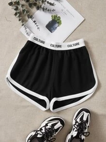 SHEIN EZwear Quần đùi nữ Tương phản ràng buộc Ruy băng Lá thư Giải trí - màu đen - Xem 1