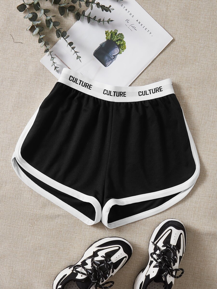 SHEIN EZwear Quần đùi nữ Tương phản ràng buộc Ruy băng Lá thư Giải trí - màu đen - Xem 1