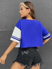 Muchica 女士字母条纹短袖单排扣休闲露脐衬衫 - 藍白色 - 查看 2