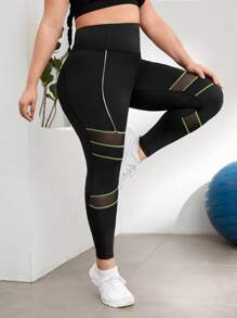SHEIN Yoga Futuristic Leggings deportivos de malla con puntada - Negro - Ver 1