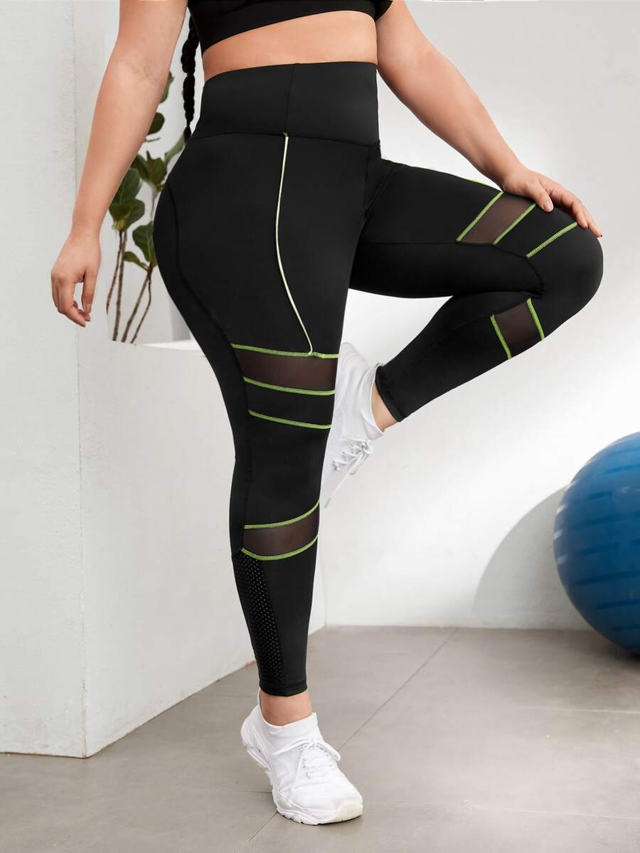 SHEIN Yoga Futuristic Leggings deportivos de malla con puntada - Negro - Ver 1