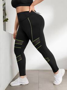 SHEIN Yoga Futuristic Leggings deportivos de malla con puntada - Negro - Ver 3
