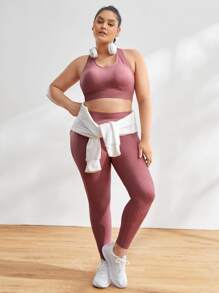 Gameset SHEIN Sport Plus Solid Racer Back Sports Bra & Leggings - Dusty Pink - View 1