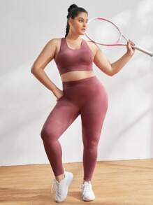 Gameset SHEIN Sport Plus Solid Racer Back Sports Bra & Leggings - Dusty Pink - View 6