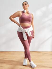 Gameset SHEIN Sport Plus Solid Racer Back Sports Bra & Leggings - Dusty Pink - View 9