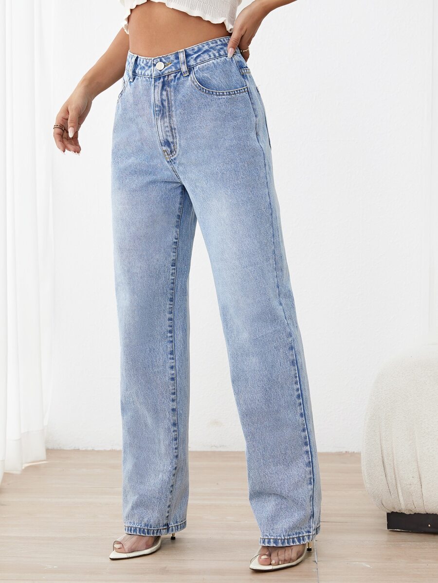 High Waist Straight Leg Jeans - Light Wash - View 1