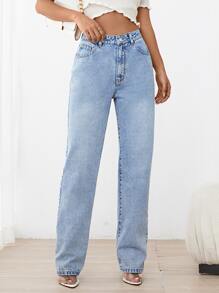 High Waist Straight Leg Jeans - Light Wash - View 5