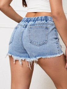 SHEIN Essnce Ripped Raw Hem Drawstring Waist Denim Shorts - Light Wash - View 2