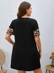 SHEIN LUNE 大碼豹紋印花撞色落肩T恤連衣裙 - 彩色 - 查看 2