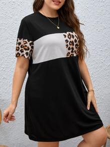 SHEIN LUNE 大碼豹紋印花撞色落肩T恤連衣裙 - 彩色 - 查看 4