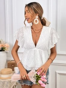 SHEIN VCAY Áo sơ mi nữ Xù Viên lá sen màu trơn Dễ thương - trắng - Xem 5