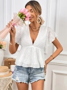 SHEIN VCAY Áo sơ mi nữ Xù Viên lá sen màu trơn Dễ thương - trắng - Xem 1