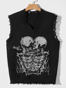 ROMWE MEN Goth Men Skeleton Pattern Distressed Sweater Vest For Halloween, School