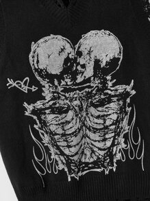 ROMWE MEN Goth Men Skeleton Pattern Distressed Sweater Vest For Halloween, School