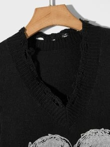ROMWE MEN Goth Men Skeleton Pattern Distressed Sweater Vest For Halloween, School
