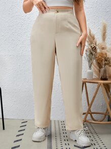 SHEIN EZwear 大碼高腰直筒褲 - 米色 - 查看 1
