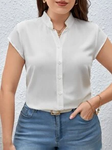SHEIN Essnce Plus Solid Button Front Shirt - White - View 6