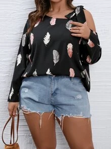 SHEIN LUNE Plus Feather Print Asymmetrical Neck Knot Shoulder Blouse - Black - View 1
