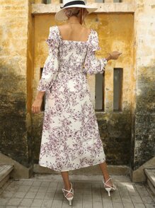 SHEIN VCAY Floral Print Square Neck Lantern Sleeve Dress - Multicolor - View 2