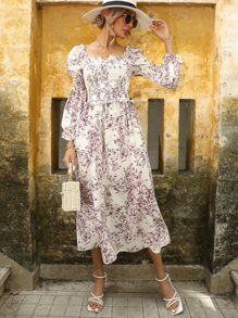 SHEIN VCAY Floral Print Square Neck Lantern Sleeve Dress - Multicolor - View 5