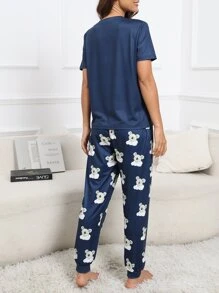 Cartoon Graphic PJ Set / Pajama Set - Navy Blue - View 2