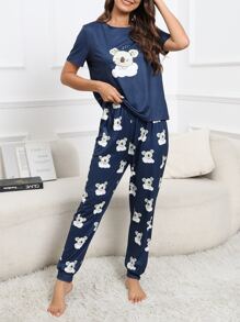 Cartoon Graphic PJ Set / Pajama Set - Navy Blue - View 3
