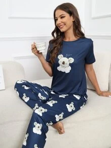 Cartoon Graphic PJ Set / Pajama Set - Navy Blue - View 6