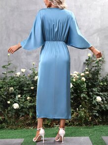 SHEIN Belle Batwing Sleeve Split Thigh Satin Dress - Dusty Blue - View 2