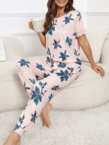 Floral Print PJ Set / Pajama Set - Baby Pink - View 1