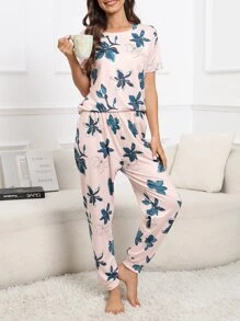 Floral Print PJ Set / Pajama Set - Baby Pink - View 3