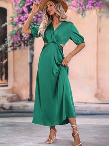 SHEIN Clasi 交叉領腰部鏤空緞面洋裝