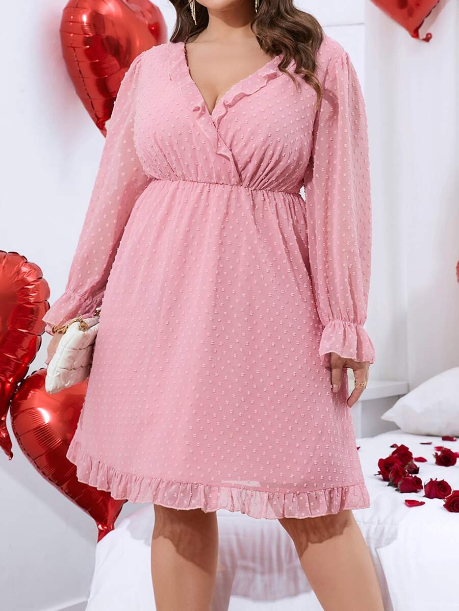 Celure Plus Swiss Dot Ruffle Trim Flounce Sleeve Dress - Baby Pink - View 1