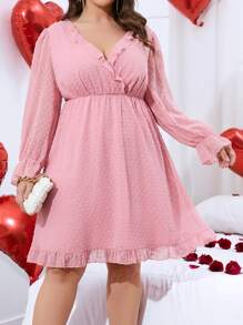 Celure Plus Swiss Dot Ruffle Trim Flounce Sleeve Dress - Baby Pink - View 3